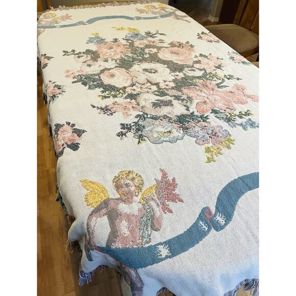 Thick Woven Blanket Tapestry Pink Flowers Floral Angel Cherub Cupid Fringe Cotto - Picture 4 of 16